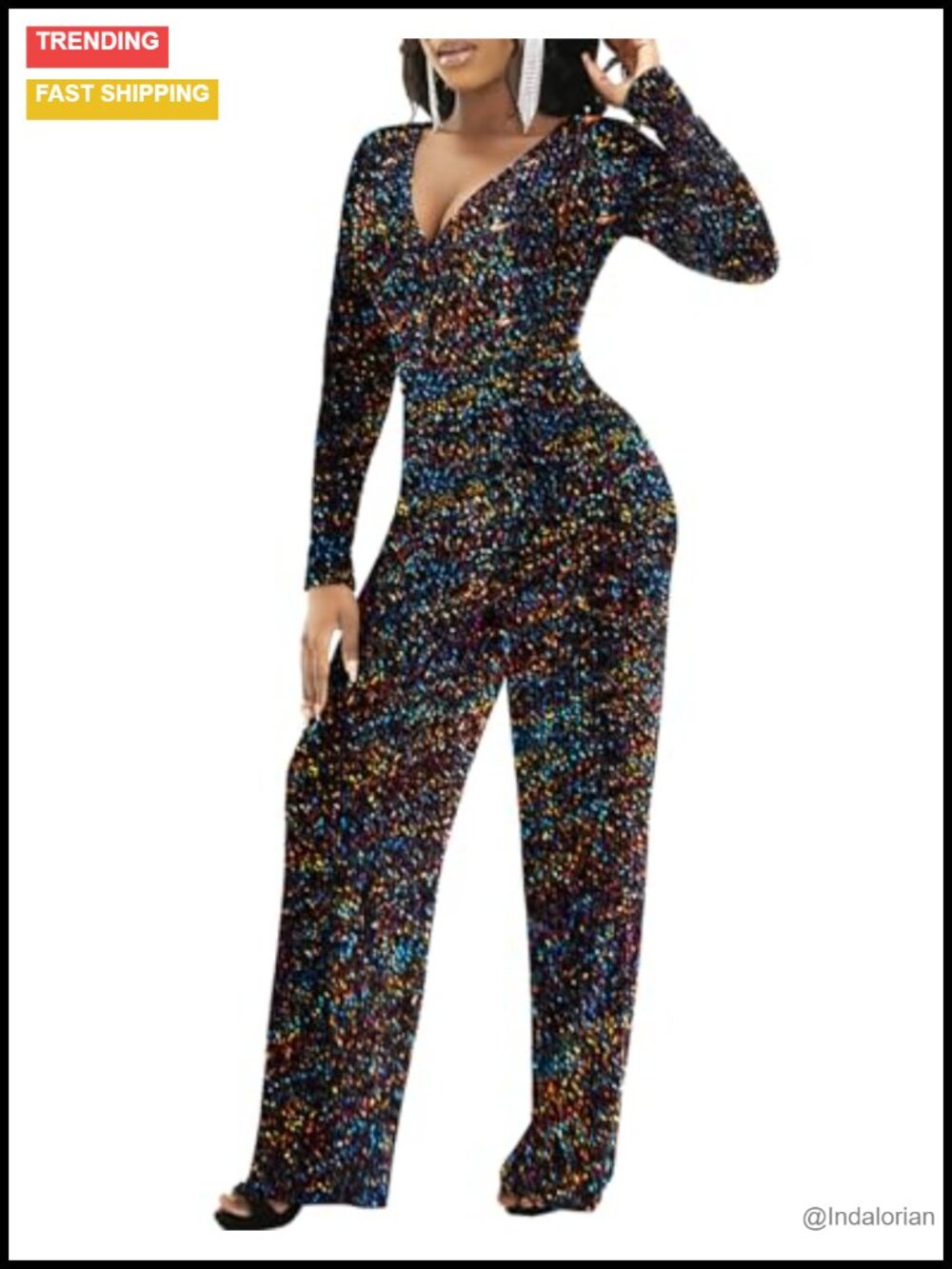 Women's Sequin Jumpsuit Long Sleeve V-Neck Wide Leg Party Romper with Belt
